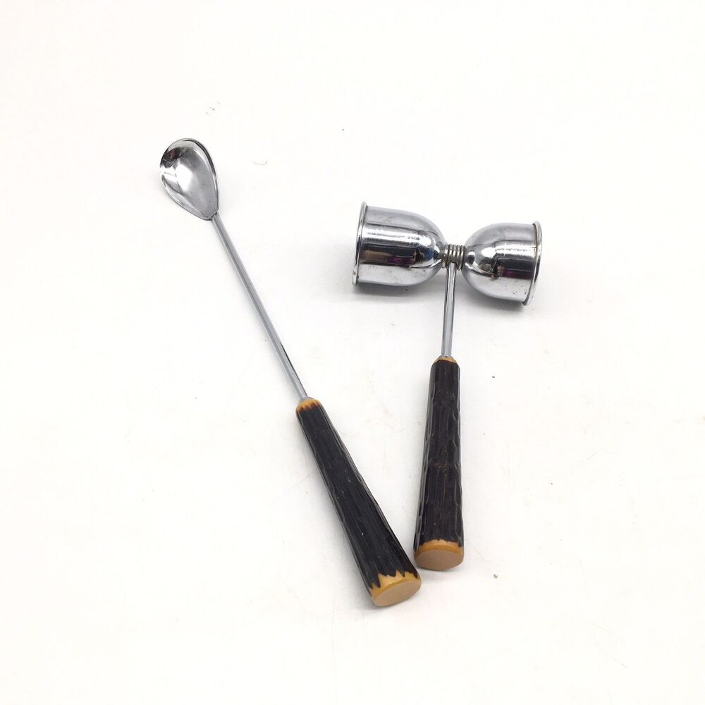 Mid Century Barware Tools Faux Antler Double Jigger And Stir Spoon MCM Cocktails